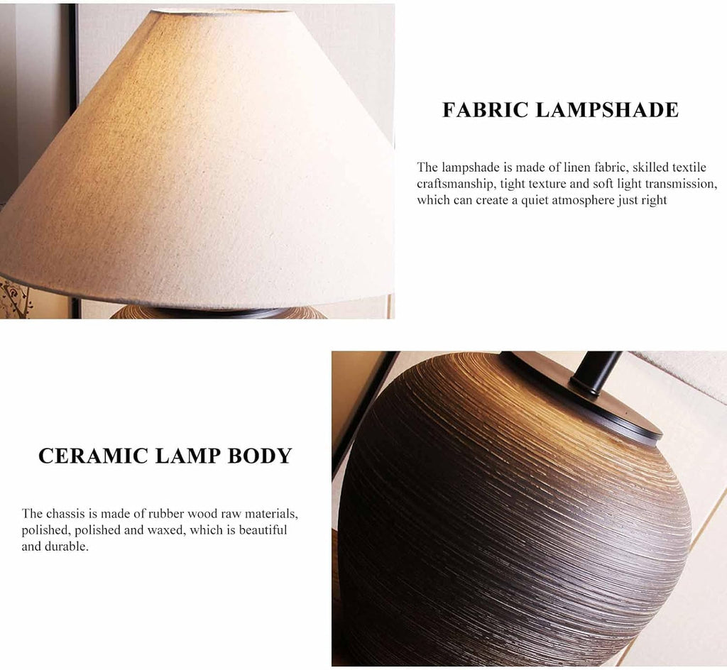 19.6'' Farmhouse Round Ceramic Table Lamp Rustic Retro Desk Lamp Brown Check Body with Off-White Fabric Shade Bedside Nightstand for Living Room Bedroom Home Office