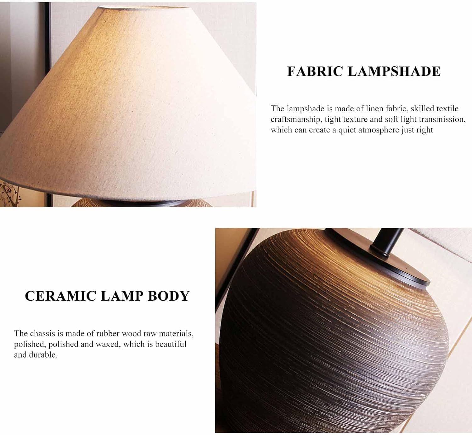 19.6'' Farmhouse Round Ceramic Table Lamp Rustic Retro Desk Lamp Brown Check Body with Off-White Fabric Shade Bedside Nightstand for Living Room Bedroom Home Office