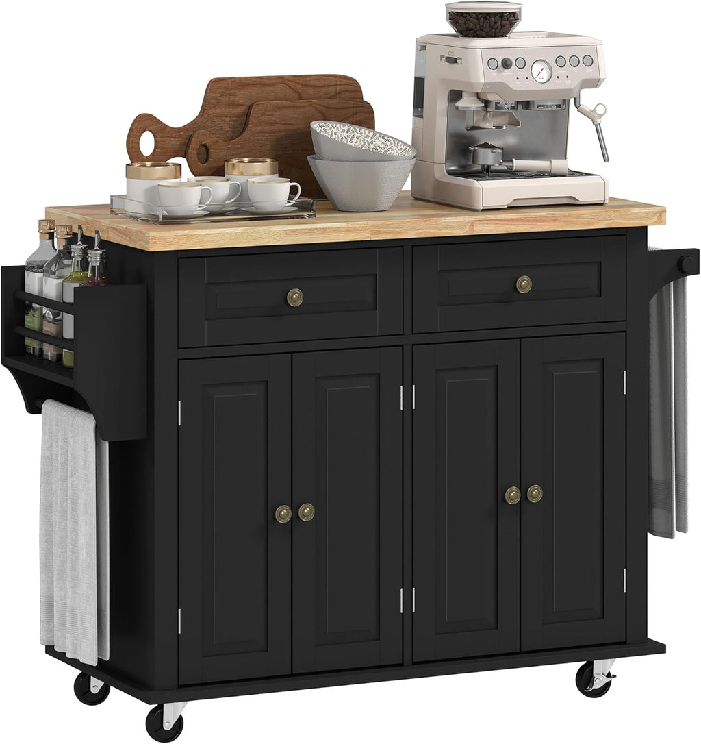 HOMCOM Kitchen Island Cart with Solid Wood Top, 44' Mobile Kitchen Island Table on Wheels with Storage Cabinets, 2 Drawers, Adjustable Shelves, Spice Rack & Towel Bar for Dining Room, Black