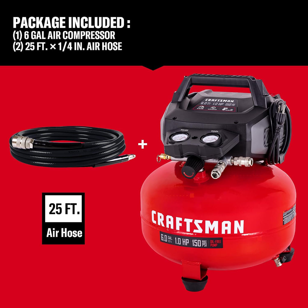 CRAFTSMAN 6 Gallon Portable Pancake Air Compressor, Oil-Free, Max 150 PSI, 1 HP, 2.6 SCFM @ 90 PSI, with 25 ft Air Hose and 2 Quick Couplers, Model CMXECXA0210641C