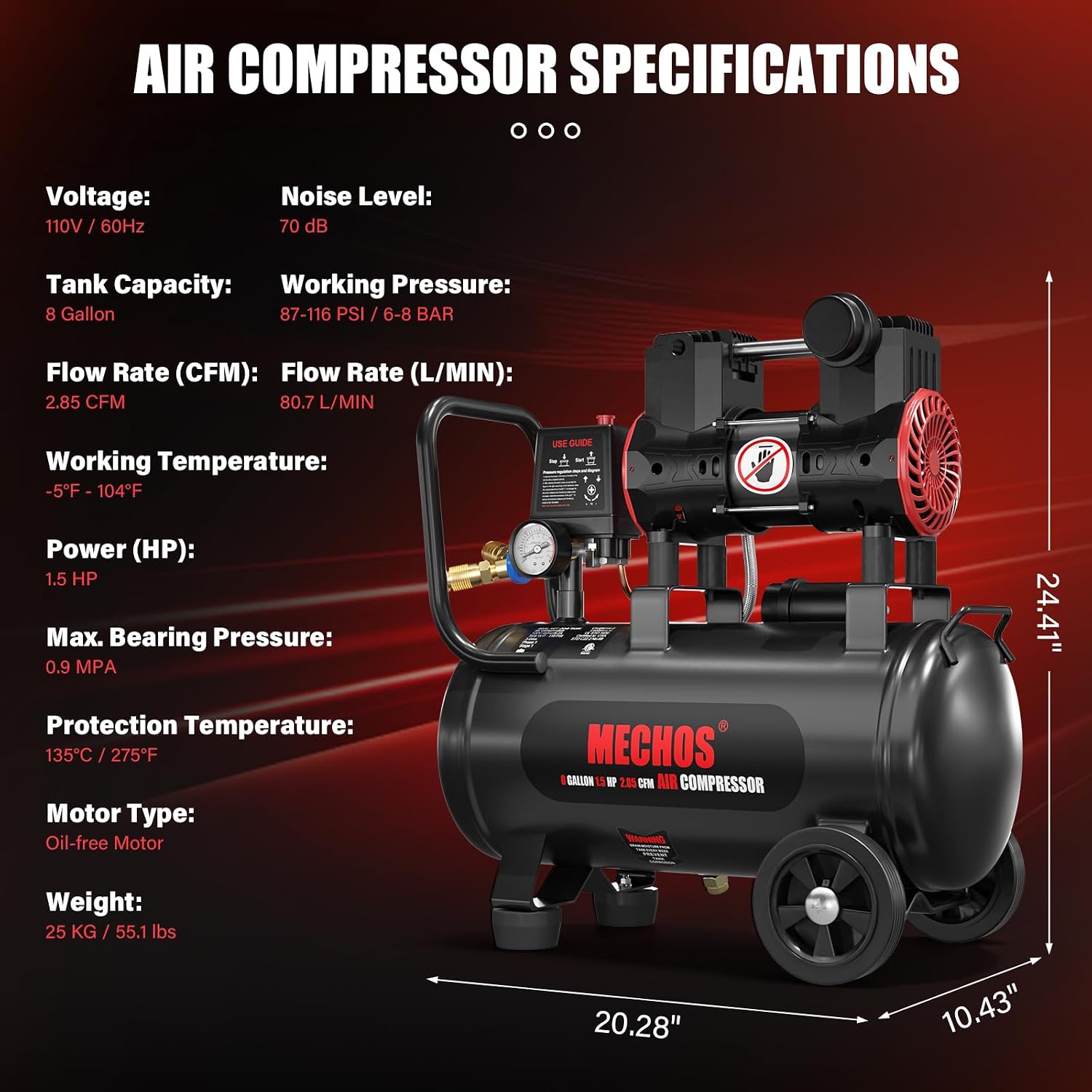 Portable Air Compressor with 8 Gallon Steel Tank, 1.5 HP 2.85 CFM @ 90 PSI, 116 Max PSI Oil-Free Air Compressor for Garage, Home Use, Tire Inflation, Nail Gun, DIY Projects,110V
