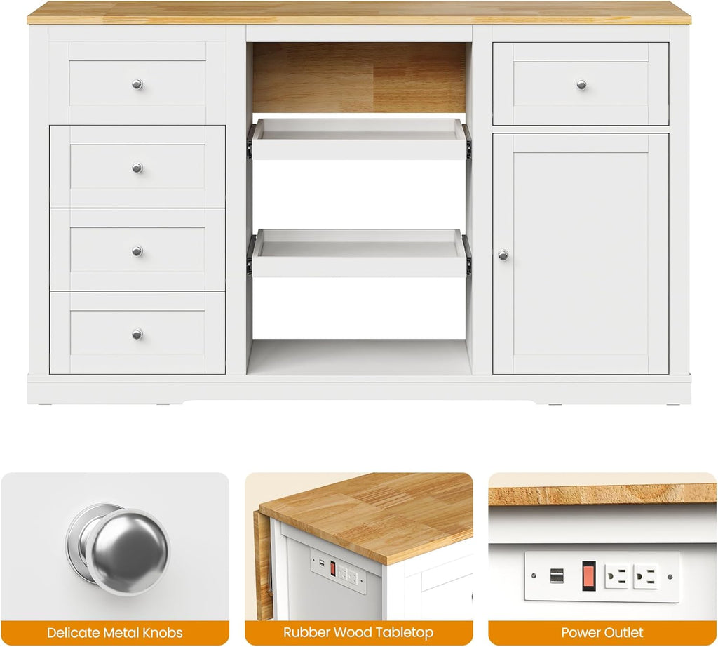 RoyalCraft 59'' Kitchen Island with Storage and Drop Leaf, Kitchen Island Table, Coffee Station Cabinet with Solid Rubber Wood Top, Pull-Out Trays, Drawers, Adjustable Shelves, Power Outlet, White