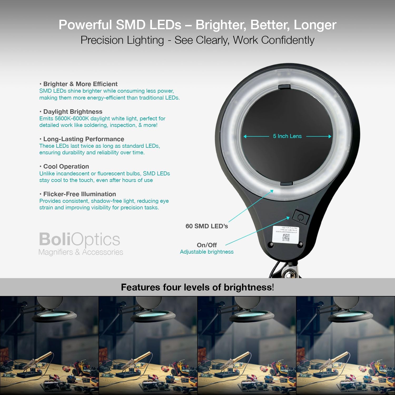ESD Safe (Glass Lens) Professional LED Magnifying Lamp with Clamp (3 Diopter, 1.75X) Work Light, 4 Brightness Levels, Daylight Bright, 1200 Lumens, 5600K-6000K, Matte Black, BoliOptics MG16303122