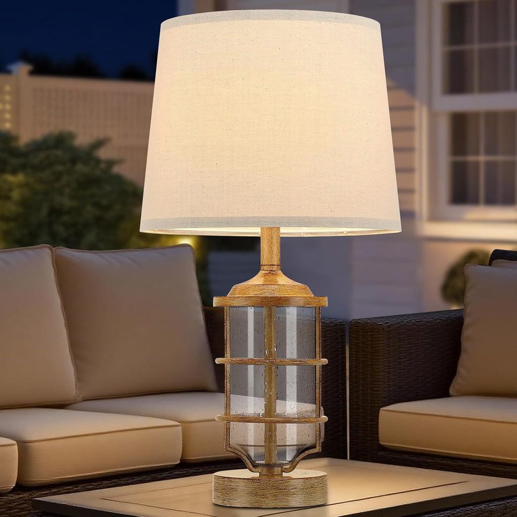 Outdoor Table Lamp, Farmhouse Lamp for Patio Table Decor with Cord, Rustic Table Light with Seeded Glass, 23.5' Plug-in Outdoor Lamps for Patio Waterproof, LED Bulb Included (Wood Color)