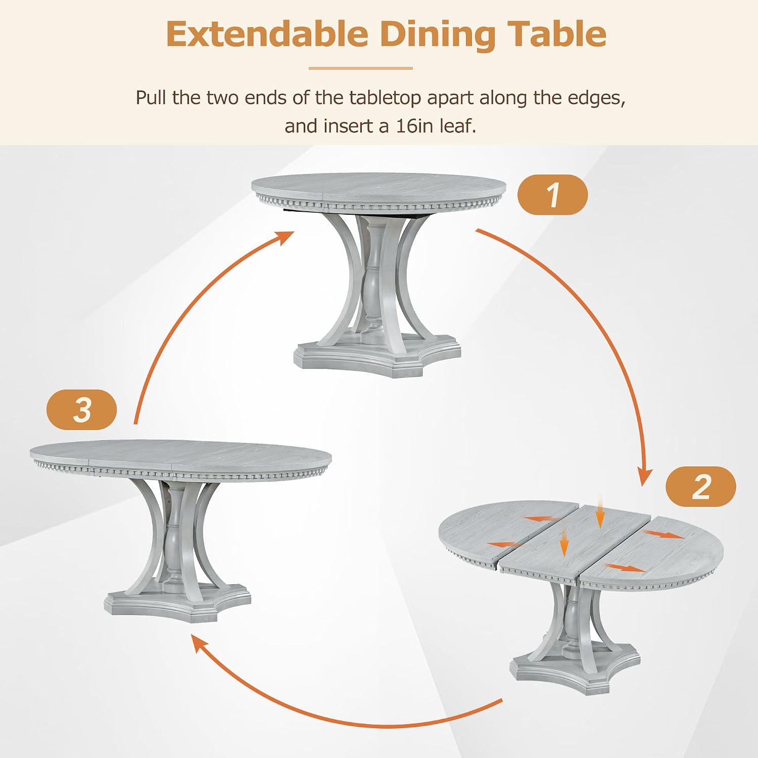 LUMISOL Round Dining Table Set for 4, 5-Piece Extendable Kitchen Table Set with 4 Upholstered Chairs, Farmhouse Table and Chairs Set for Kitchen, Dining Room, Living Room, Antique Grey