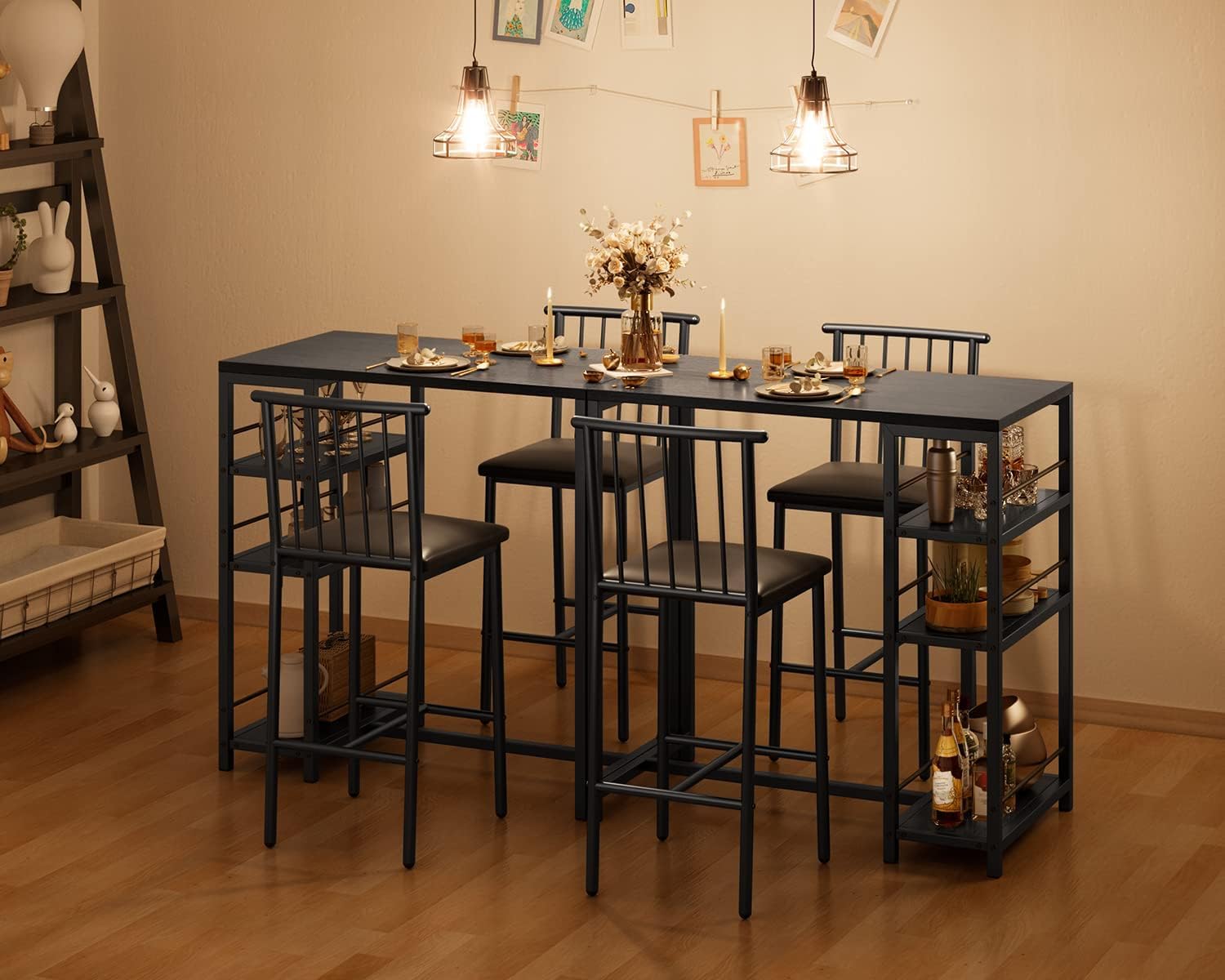 Gizoon Dining Table Set for 2 with 3 Storage Shelves, Kitchen Table and Chairs for 2 with Pu Cushion Chairs & Thick Wood Top, 3 Piece Dining Table Set for Small Space, Apartment - Black