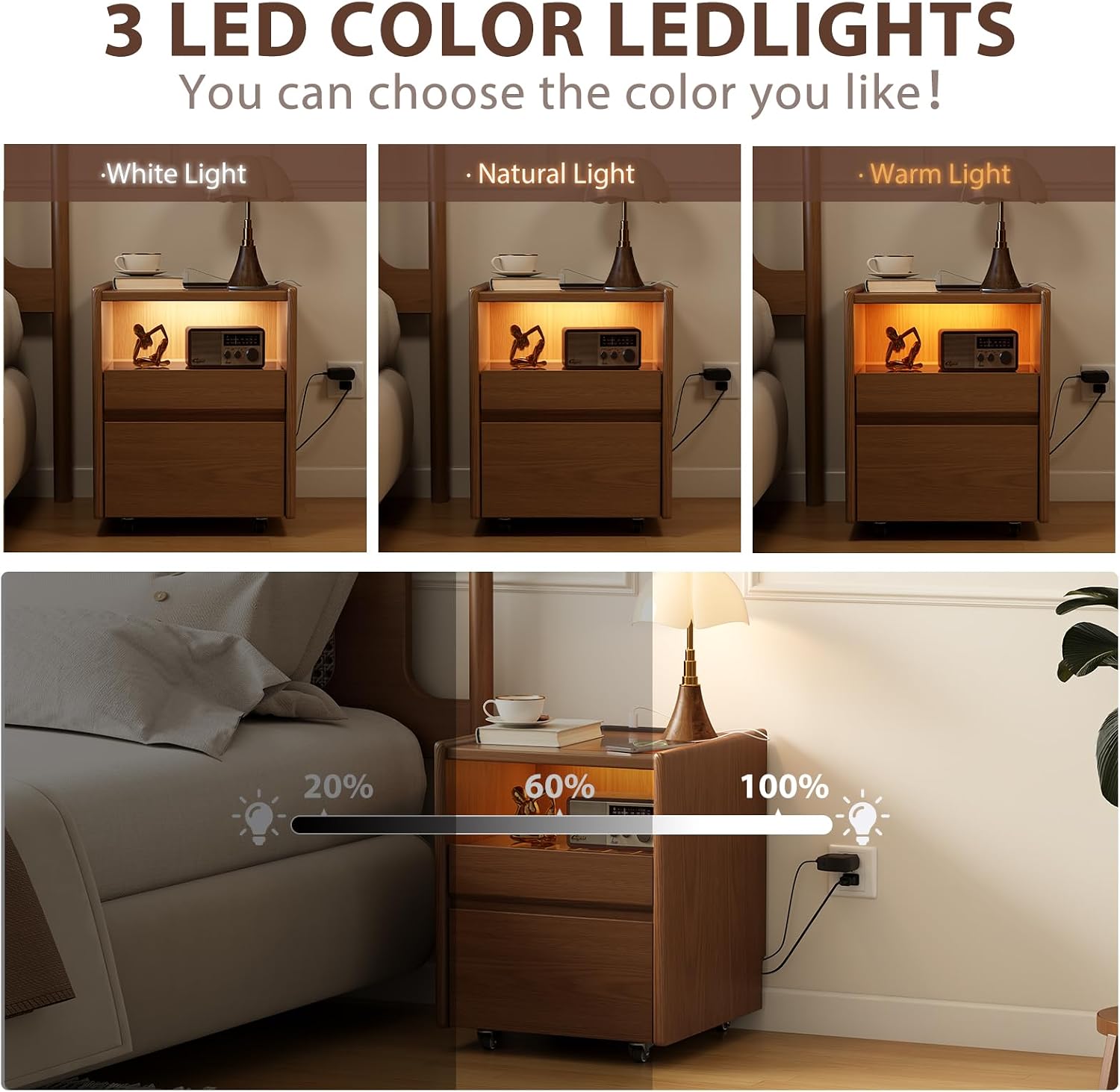 Solid Wood Nightstand,LED Nightstand with Charging Station,Narrow Bedside Table with Jewelry Box,Small Night Stand with Wheels,Modern Night Stand for Bedroom,Living Room,Dressing Room
