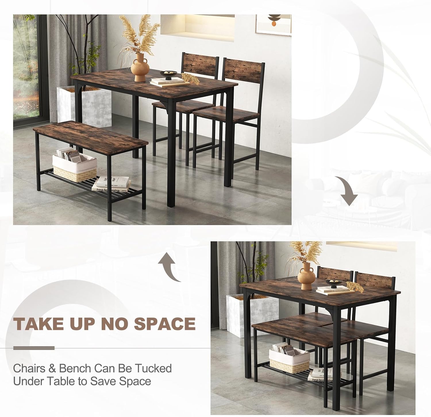 Giantex Dining Table Set for 4, Kitchen Table with Bench and Chairs, Industrial Gathering Bench Dining Set W/Metal Frame & Storage Rack, Dinette Set, Modern Functional Desk Set (Rustic Brown)