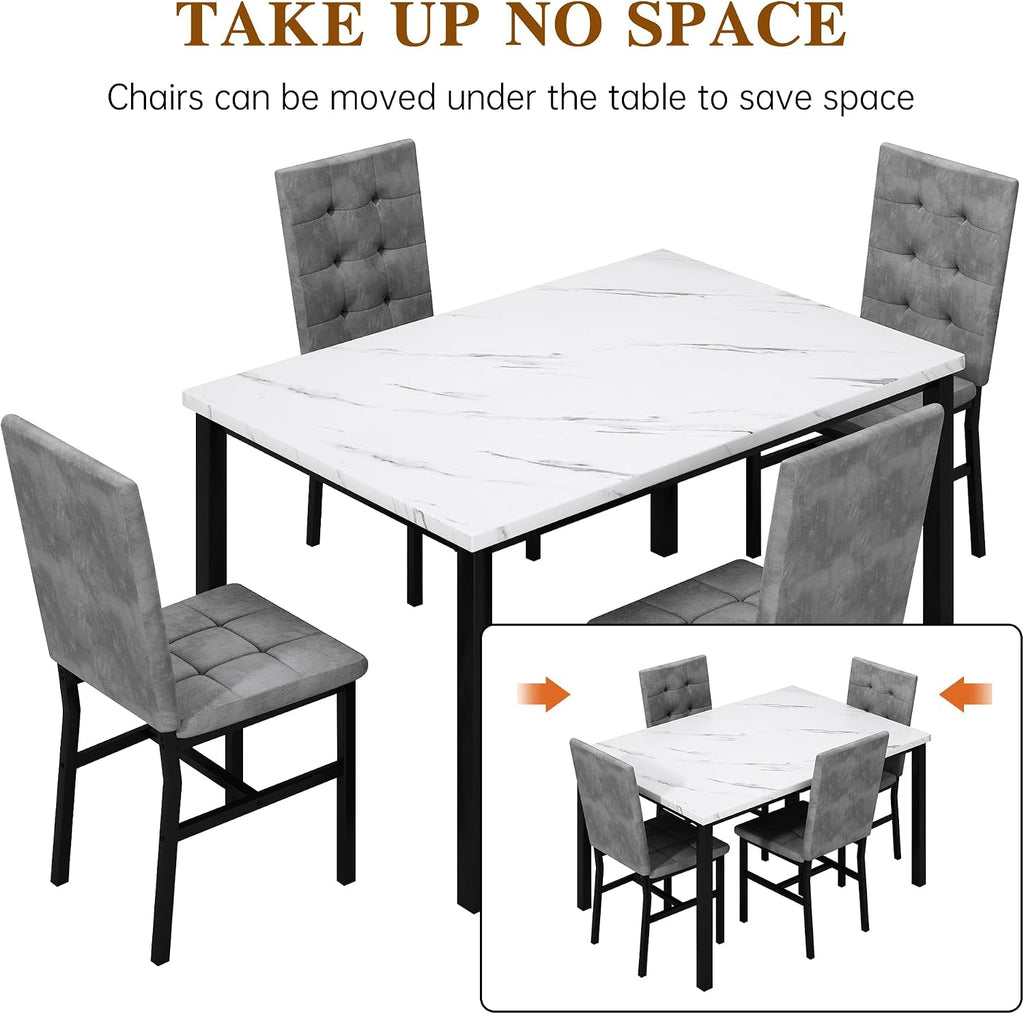 AWQM Dining Table Set for 4,Faux Marble Kitchen Table and Chairs Set of 4, Modern Dining Room Set for 4,Dinner Table Set with Velvet Chairs, Dining Set for Small Spaces,White & Grey