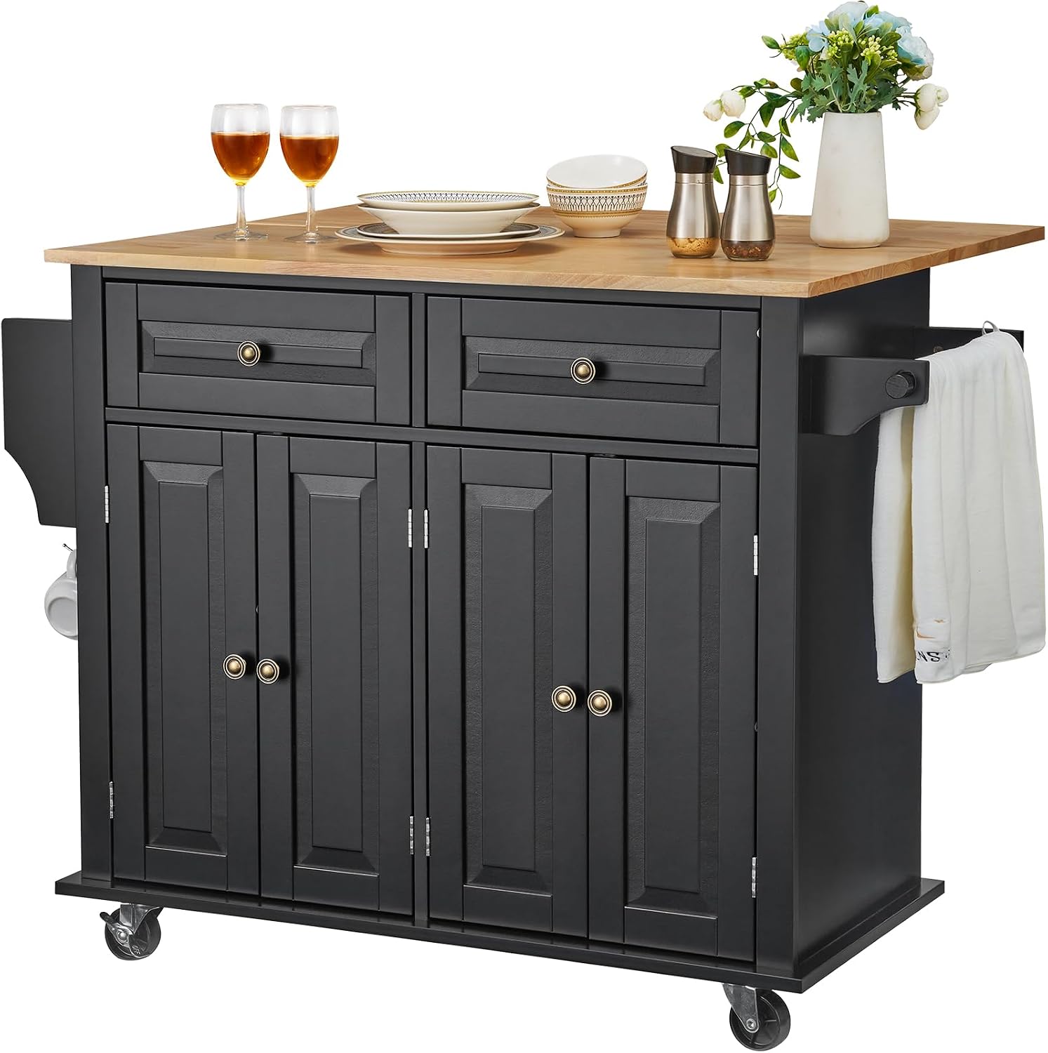VEVOR Kitchen Island Cart, 35' Wood Top Mobile Carts with Storage Cabinet, Rolling Table with Drop Leaf, Spice Rack, Towel Bar, Adjustable Shelf, Drawer, and Hooks, Portable Islands on Wheels, Black