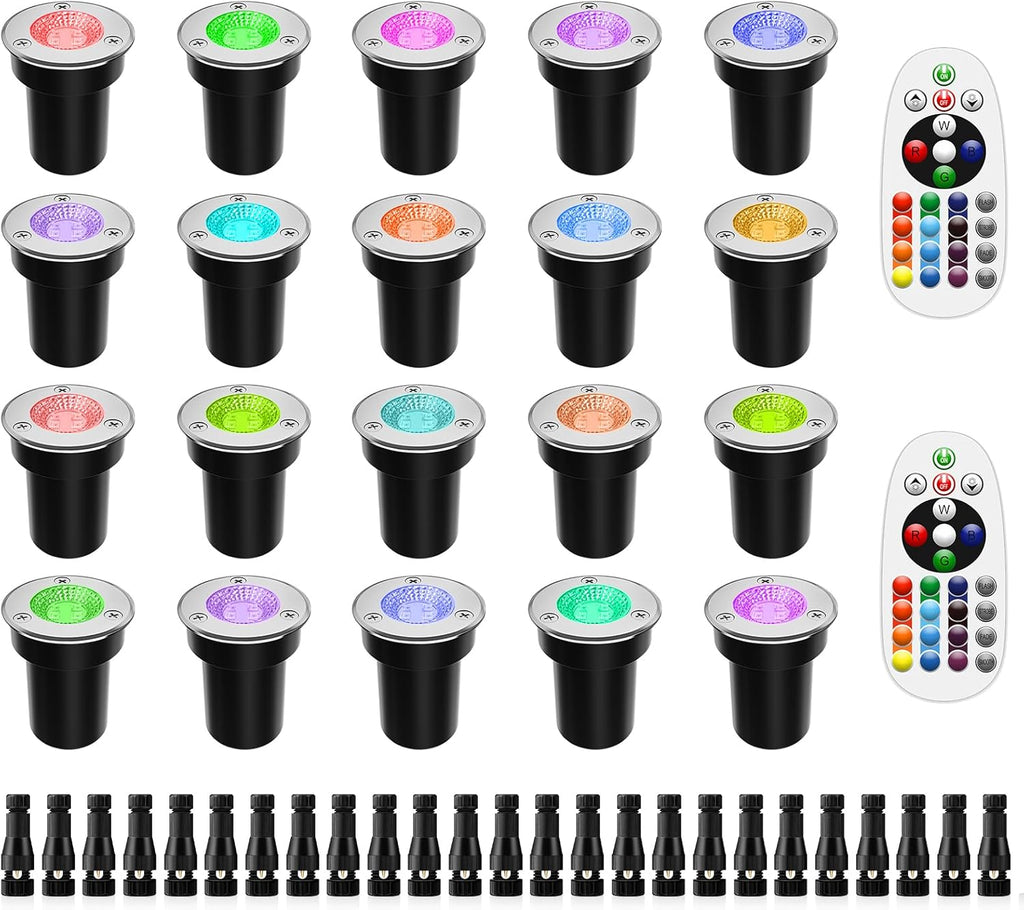 ZUCKEO Low Voltage Landscape Lighting RGB Well Lights Landscape LED In Ground Light, Outdoor Color Changing Landscape Lights, 12-24V Accent Spotlight for Yard Garden Pathway (20Pack with Connectors)