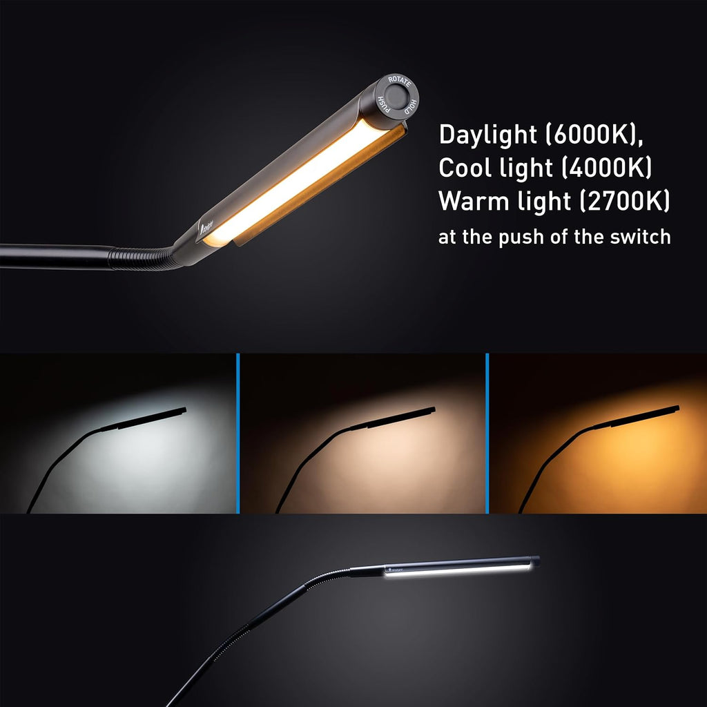 Electra Table Lamp: 3 Color Temperatures (Daylight 6000K/Cool 4000K/Warm 2700K), 95+ CRI LED, Dimmer Switch, Flexible Arm, Desk Lamp for Artists, Crafts & Office (Black, 2500 Lux at 12')