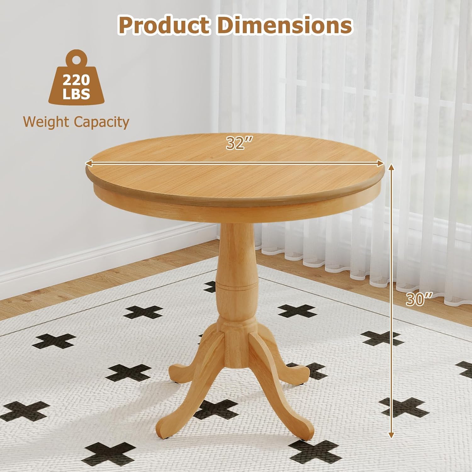 Giantex Round Dining Table for 2-4 People, 32' D X 30' H Wooden Kitchen Table with Spacious Tabletop, Pedestal Base, Leisure End Tables for Bar, Kitchen, Dining Room, Restaurant, Natural