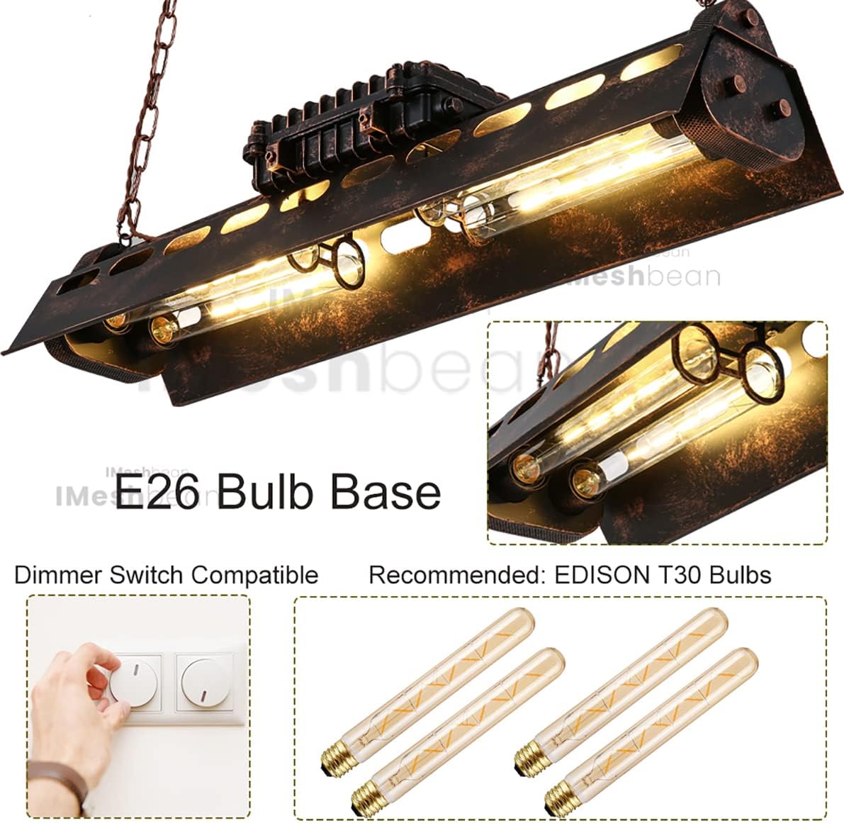 iMeshbean Industrial Steampunk Chandelier Pool Table Ceiling Light Fixture Wrought Iron Pendant Lamp for Bar Kitchen Island Dinging Room