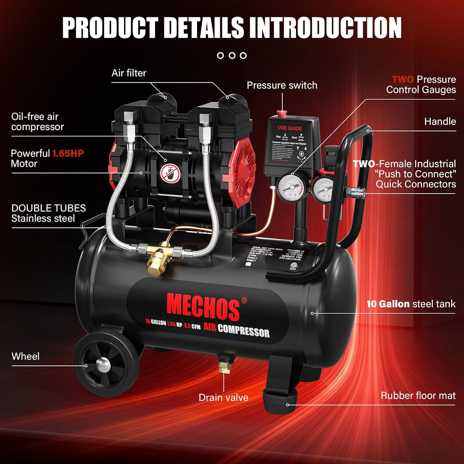 Portable Air Compressor with 10 Gallon Steel Tank, 1.65 HP 3.5 CFM @ 90 PSI, 116 Max PSI Oil-Free Air Compressor for Garage, Home Use, Tire Inflation, Nail Gun, DIY Projects,110V