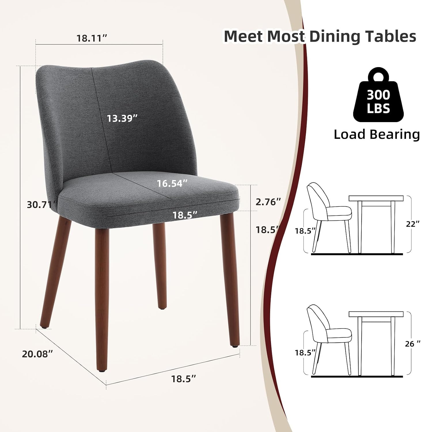 GarveeHome Linen Dining Chairs Set of 4 Upholstered Fabric Dining Chair with Wood Legs, Wing Backrest, Wooden Kitchen Chairs with Thick Cushions, Leveling Feet for Dining Room, Living Room, Dark Grey