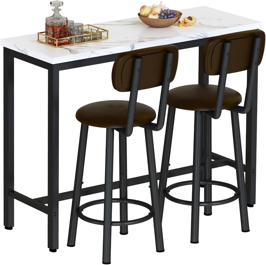 AWQM 3 Piece Bar Table Set of 2,39.3' Pub Bar Table and Chairs Set,Faux Marble Bar Height Table with 2 Backrest Stools,Small Dining Table for 2,Kitchen Table Set for Small Space,White & Brown