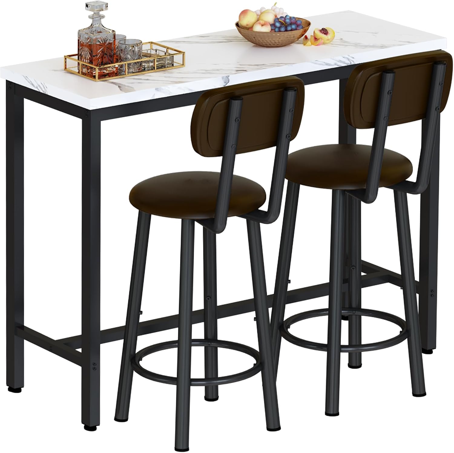 AWQM 3 Piece Bar Table Set of 2,39.3' Pub Bar Table and Chairs Set,Faux Marble Bar Height Table with 2 Backrest Stools,Small Dining Table for 2,Kitchen Table Set for Small Space,White & Brown