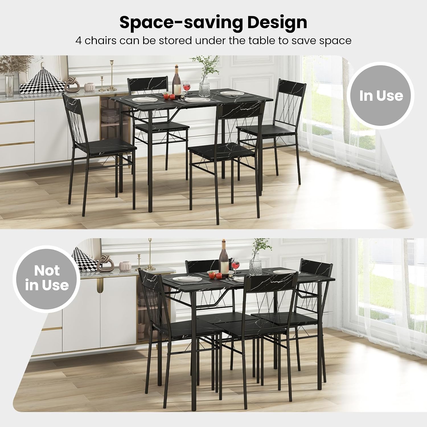 Giantex Dining Table Set for 4, 5-Piece Breakfast Nook with Kitchen Table, 4 Dining Chairs, Metal Frame, Space-Saving Dinette Table Set for 4, Small Place, Kitchen Table Chairs Set of 4 (Marble Black)