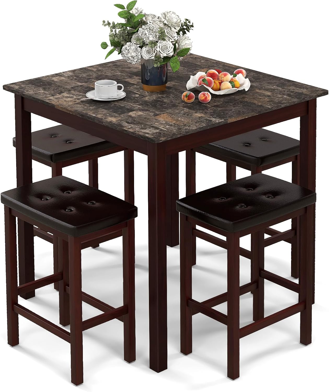 Giantex Dining Table Set for 4, Kitchen Table Chairs Set of 4, Counter Height Dining Table Set with 4 Bar Stools, Space-Saving Dinette Table Set for Small Place, Breakfast Nook Table Set (Brown)