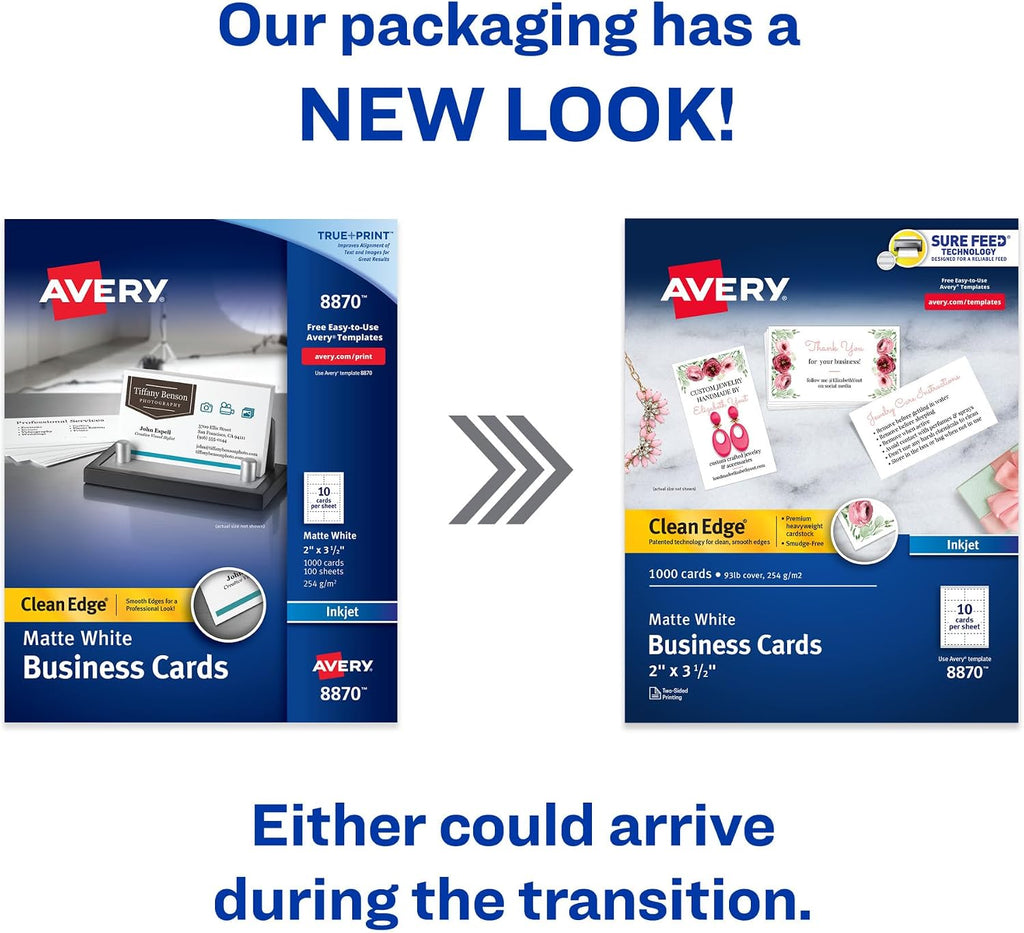 Avery Clean Edge Printable Business Cards with Sure Feed Technology, 2' x 3.5', White, 1,000 Blank Cards for Inkjet Printers (08870) (Pack of 3)