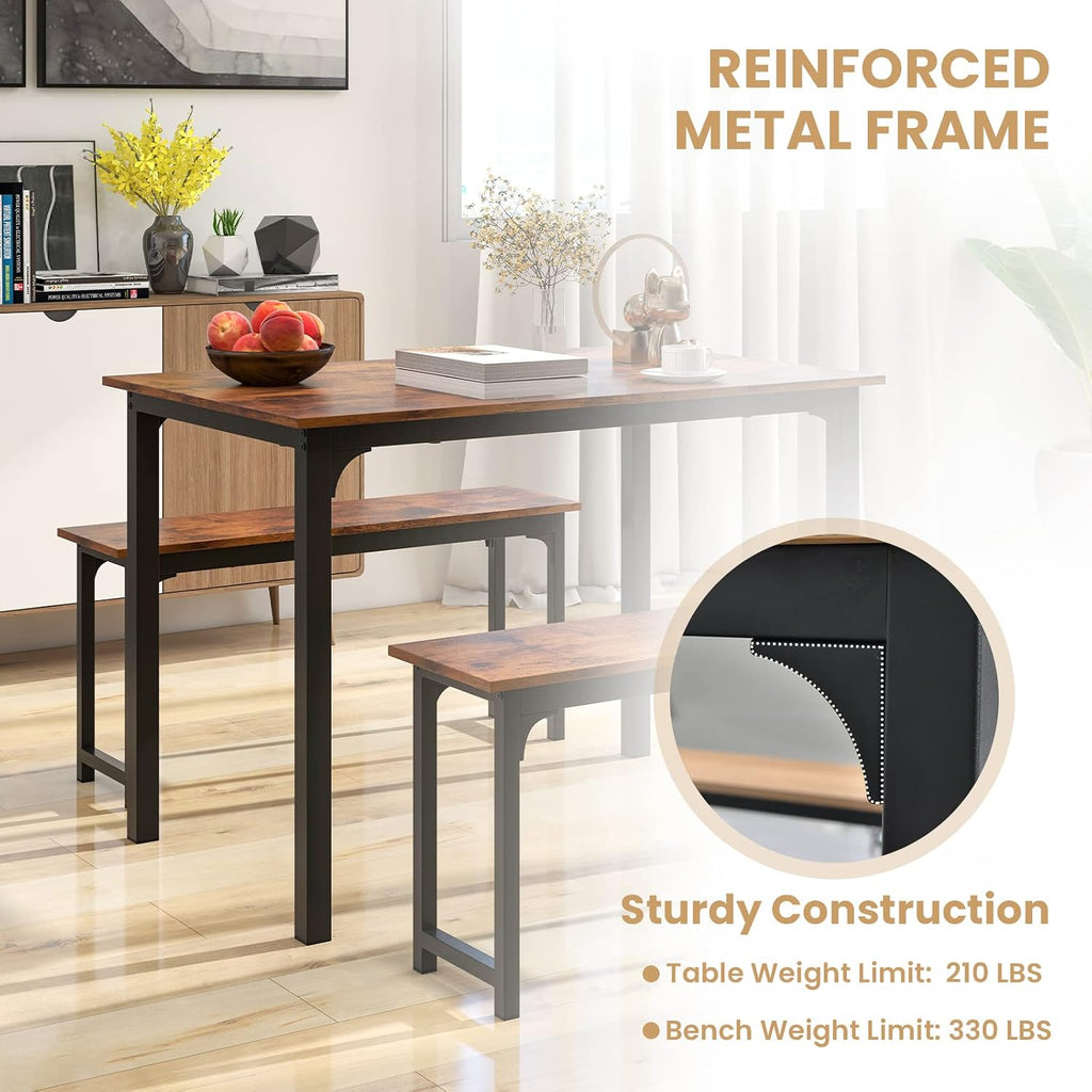 Tangkula 3-Piece Dining Table Set with Bench, Rectangular Kitchen Table with 2 Benches, Metal Frame, Space-Saving Furniture, Modern 4-Person Dinette for Kitchen, Dining Room (Rustic Brown)