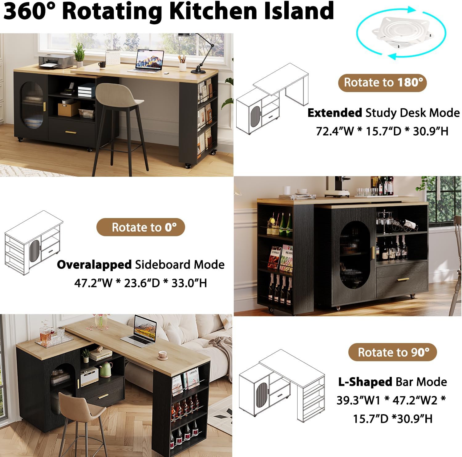 HSH 72' Rolling Kitchen Island with Seating, 360° Swivel Table, Kitchen Island with Storage Cabinet, Drawer & Shelves, Farmhouse Mobile Island Cart on Wheels for Dining Room & Home Bar, Black Oak