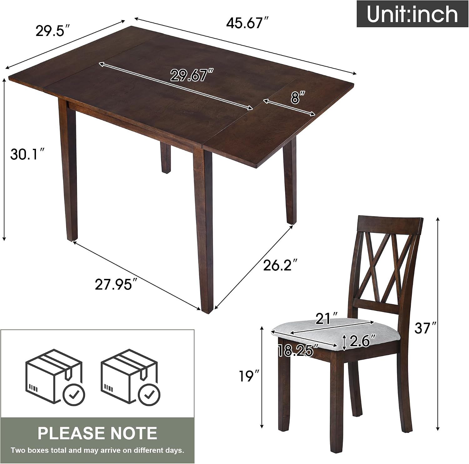 Harper & Bright Designs 3-Piece Wood Drop Leaf Dining Table Set with 2 X-Back Chairs, Space-Saving Breakfast Nook Dining Set, Brown + Grey Cushion