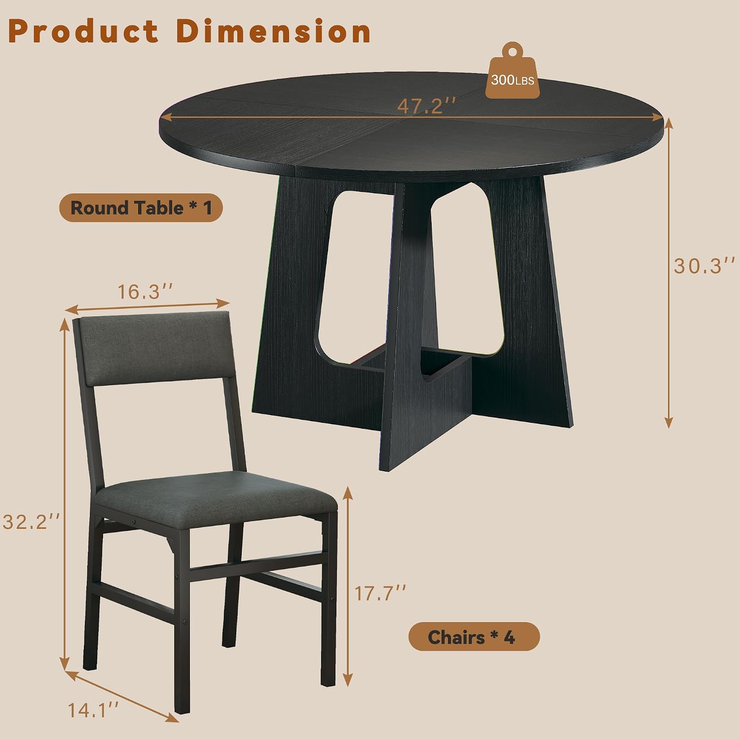 HUAHUU Round Dining Table Set for 4, 5-Piece Kitchen Table and Chairs for 4, 47'' Round Dining Room Table Set with 4 Chairs, Space Saving Dining Table with Wood Base for Kitchen, Living Room, Black