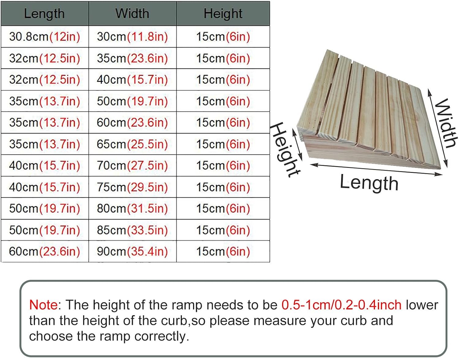 6inch Rise Wooden Threshold Ramp for Home/Front Door/Yard/Doorways, Wheelchairs Walkers Car Motorcycle Entry Transition Ramp, Heavy Duty Anti-Skid Curb Ramp (Size : 60x95x15cm/23.6x37.4x6in)