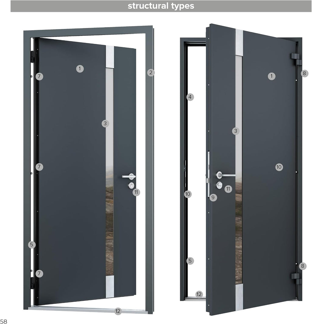 VDOMDOORS Front Exterior Prehung Steel Door/Deux 6501 Anthracite / 2 Side Exterior Windows/Stainless Inserts Single Modern Painted-W12+36+12' x H80-Right-hand Inswing
