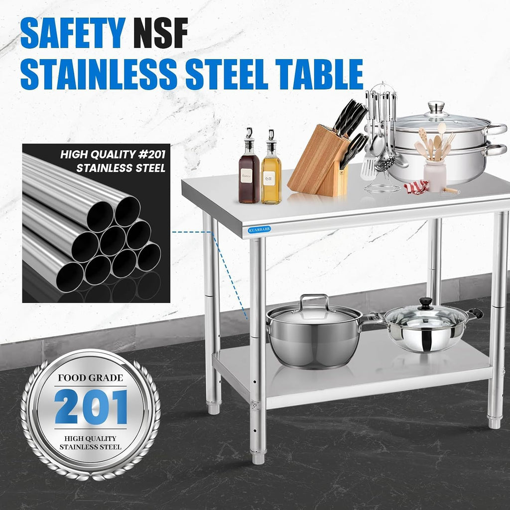 KUARBARR Stainless Steel Table for Prep & Work with Undershelf 24 x 30 Inches NSF Metal Commercial Kitchen Prep Table with Adjustable Under Shelf Worktable for Restaurant Home Outdoor