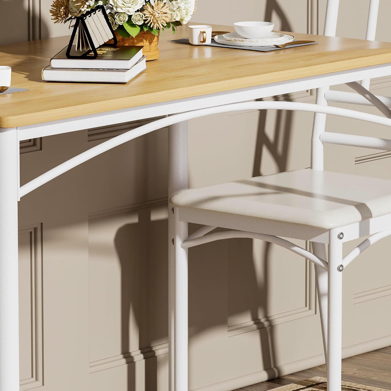 Dining Table Set for 4, Industrial Kitchen Table Set with 4 Upholstered Chairs, Metal Table and Chairs Set for Kitchen, Dining Room, Living Room, Natural+White