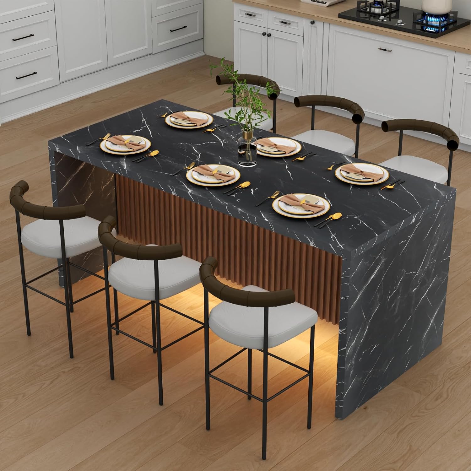 71' Large Imitation Marble Dining Table for 4-6 People, Island Table with LED Lights, Mordern Marble Stripes Kitchen Dining Table with Grille design for Dining Room, Home, Living Room (black)