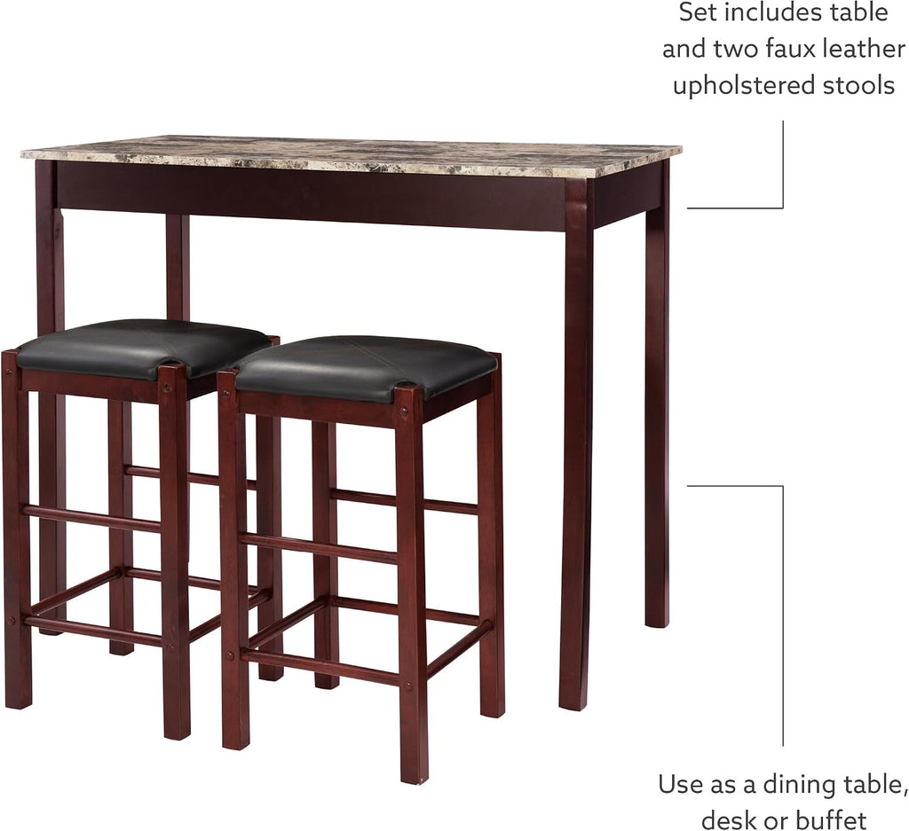 Linon Brown 3-Piece Table Faux Marble Tavern Set, 42' w x 22.25' d x 36' h