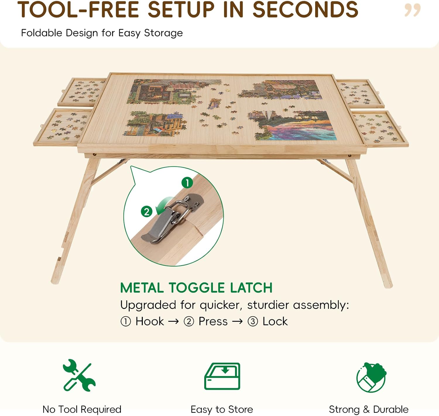 TEAKMAMA 27.6' H Tall 2000 Piece Puzzle Table with Legs, 41' W x 28.5' D Large Wood Folding Jigsaw Puzzle Board with Cover for Adults, 4 Drawers, Nature