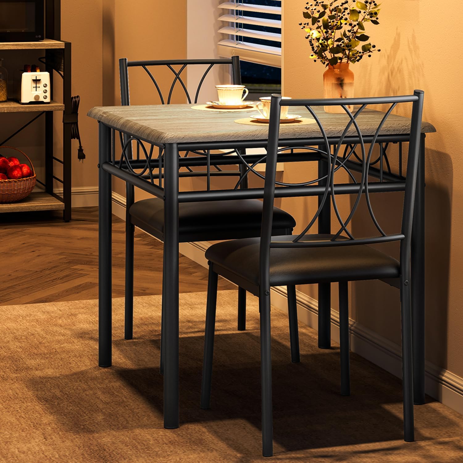 Garvee 3-Piece Wood Dining Table Set for 2, Compact Square Kitchen Table Set with 2 Upholstered Chairs, Space-Saving Dining Table Set for Apartment, Studio, Kitchen, Small Space, Gray