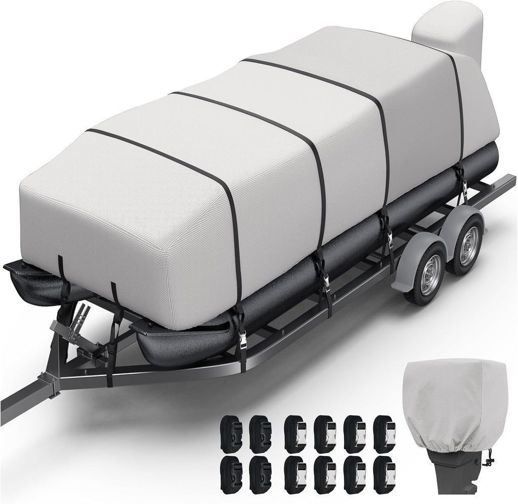 KAKIT Boat Cover, 1400D Oxford Heavy Duty Waterproof Trailerable Cover with 8 Metal Buckles and 12 Adjustable Tightening Straps, for Pontoon/Deck Boat(17'-20'Long, Beam Width up to 102', Light Gray)