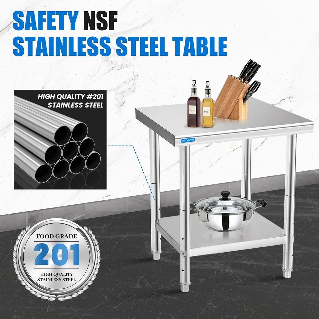 KUARBARR Stainless Steel Table for Prep & Work with Undershelf 24 x 24 Inches NSF Metal Commercial Kitchen Prep Table with Adjustable Under Shelf Worktable for Restaurant Home Outdoor