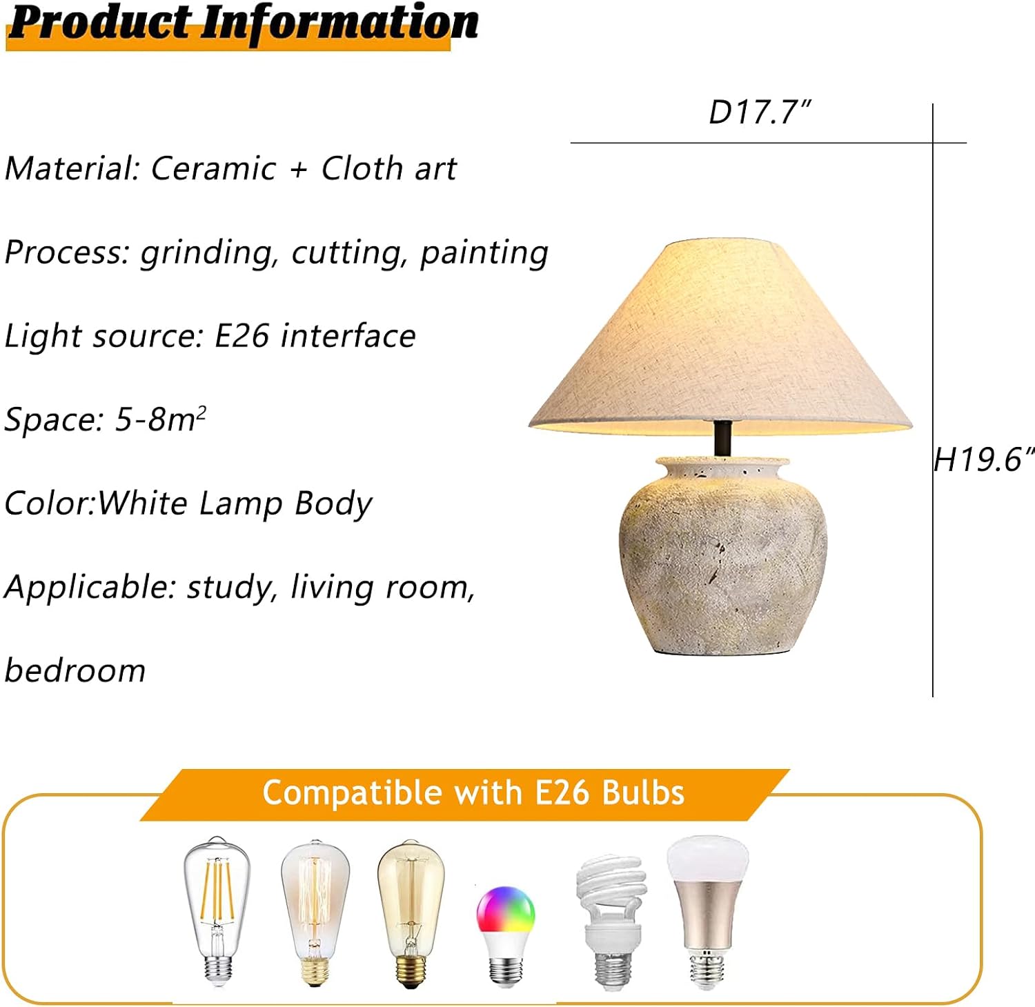 Farmhouse Table Lamps White Clay Pot Ceramic Lamps Creative Ceramic Lamp Body with White Textured Shade Bedside Nightstand Lamp for Bedroom Living Room Office