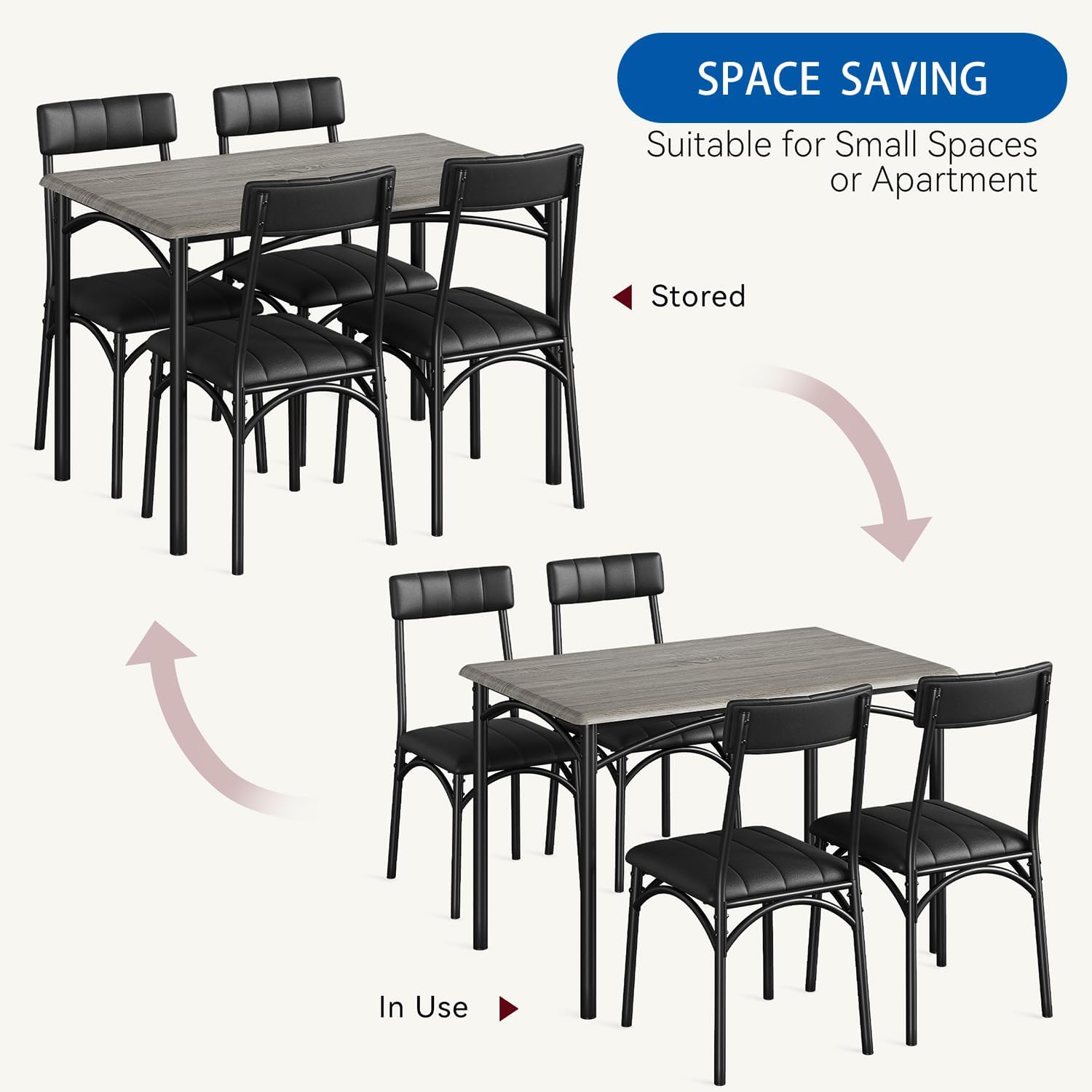 IDEALHOUSE Dining Table Set for 4, Kitchen Table and Chairs for 4 with Upholstered Chairs, 5 Piece Rectangular Kitchen Table Set, Dining Room Table Set for Small Space, Apartment, Retro Gray