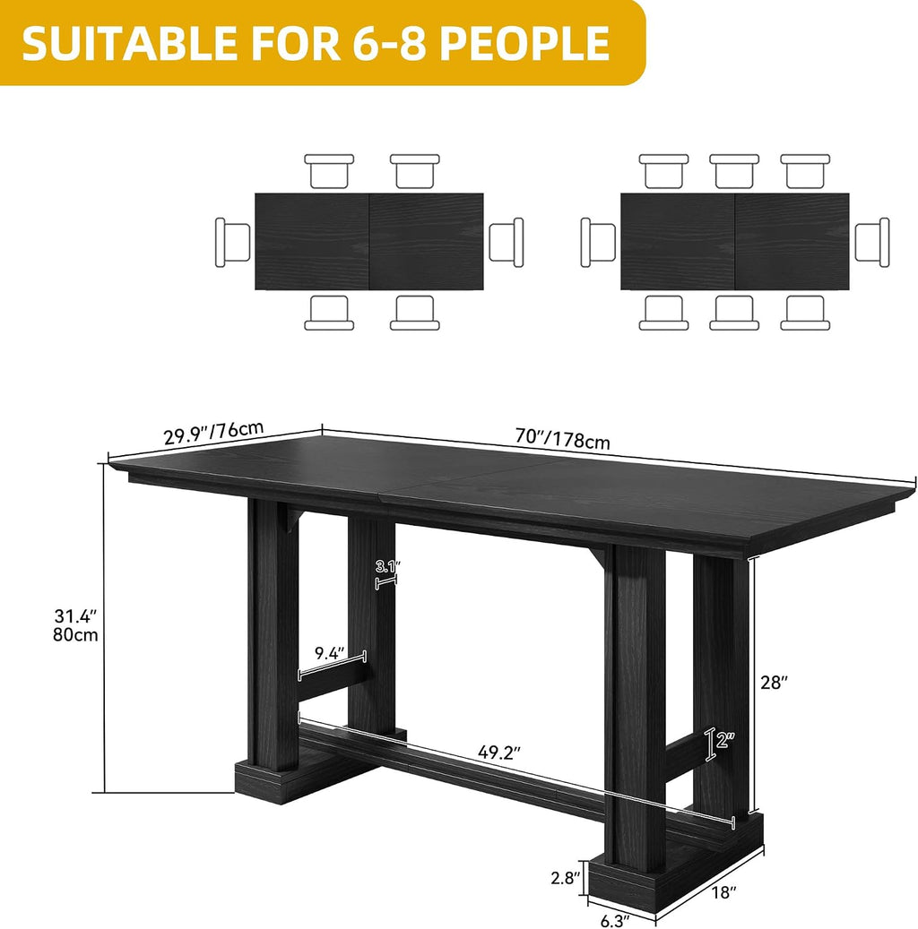 DWVO Farmhouse Dining Table for 6-8 People, 70' Long Kitchen Tables with Wooden Sturdy Legs, Large Rectangular Dinner Table for Kitchen, Dining Room, Living Room, Black