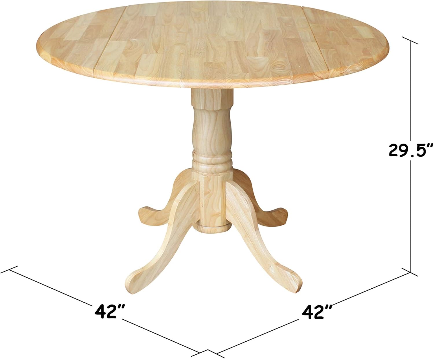 IC International Concepts, 42' Round Dual Drop Leaf Pedestal Dining Table, Solid Real Wood, Sturdy Parawood, Natural