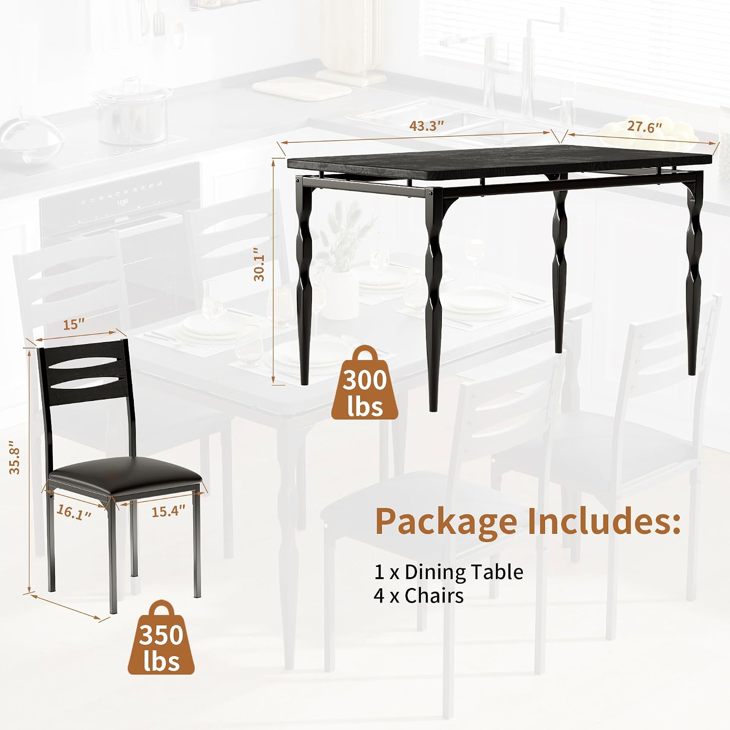 Garvee 5 Piecs Dining Table Set, Farmhouse Style Dining Table and Chairs Set for 4, Dining Set for Dining Room Kitchen Apartment, Black