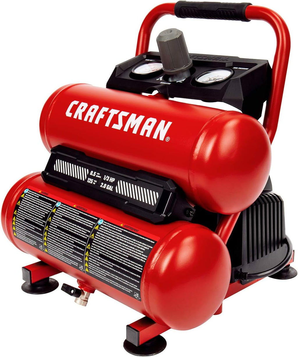 Craftsman 2-Gallon Air Compressor, 1/3 HP Oil-Free Twin Tank, 125 PSI Max – Portable & Quiet Air Tool for Home DIY, Tire Inflation, Nailing & Spray Painting, Compact for Easy Storage