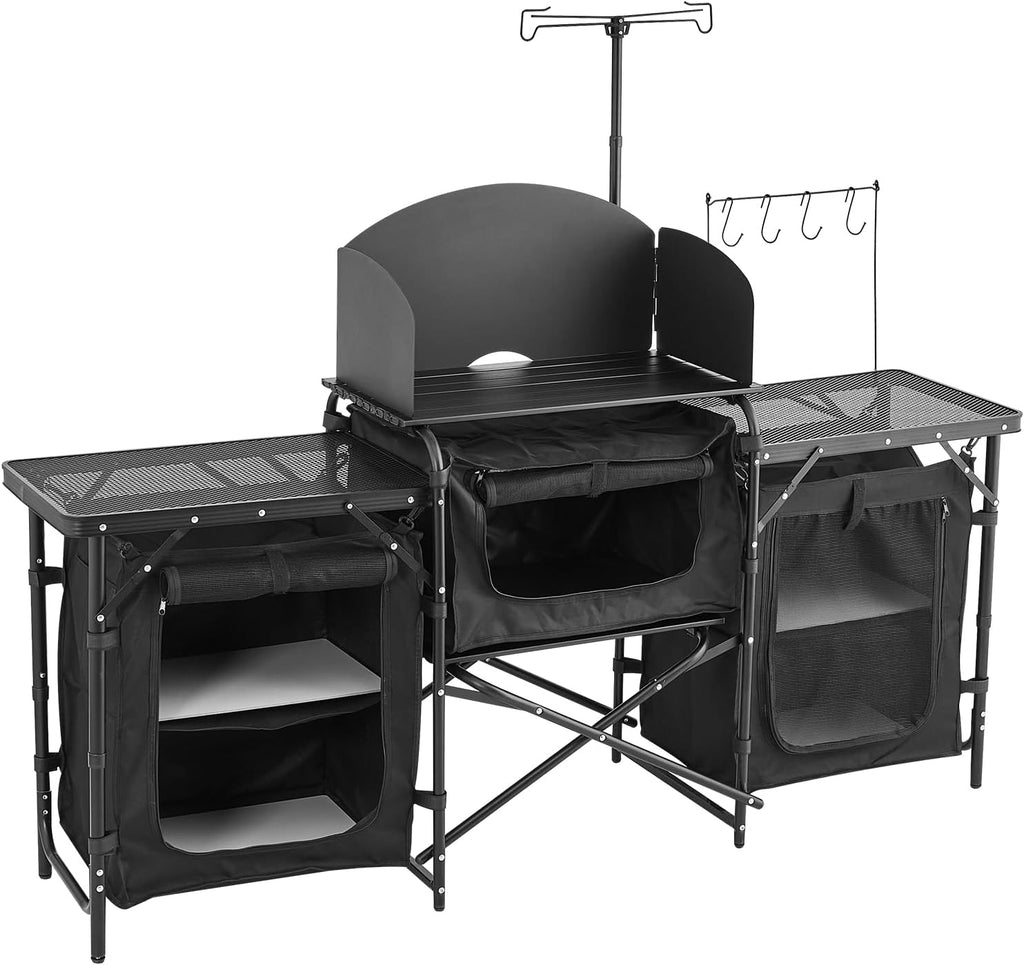 VEVOR Camping Kitchen Table, Outdoor Camp Cooking Table, Aluminum Portable Cook Station with 3 Storage Cupboard, Carrying Bag, Detachable Windscreen, Quick Set-up for BBQ Party Picnic RV Travel, Black