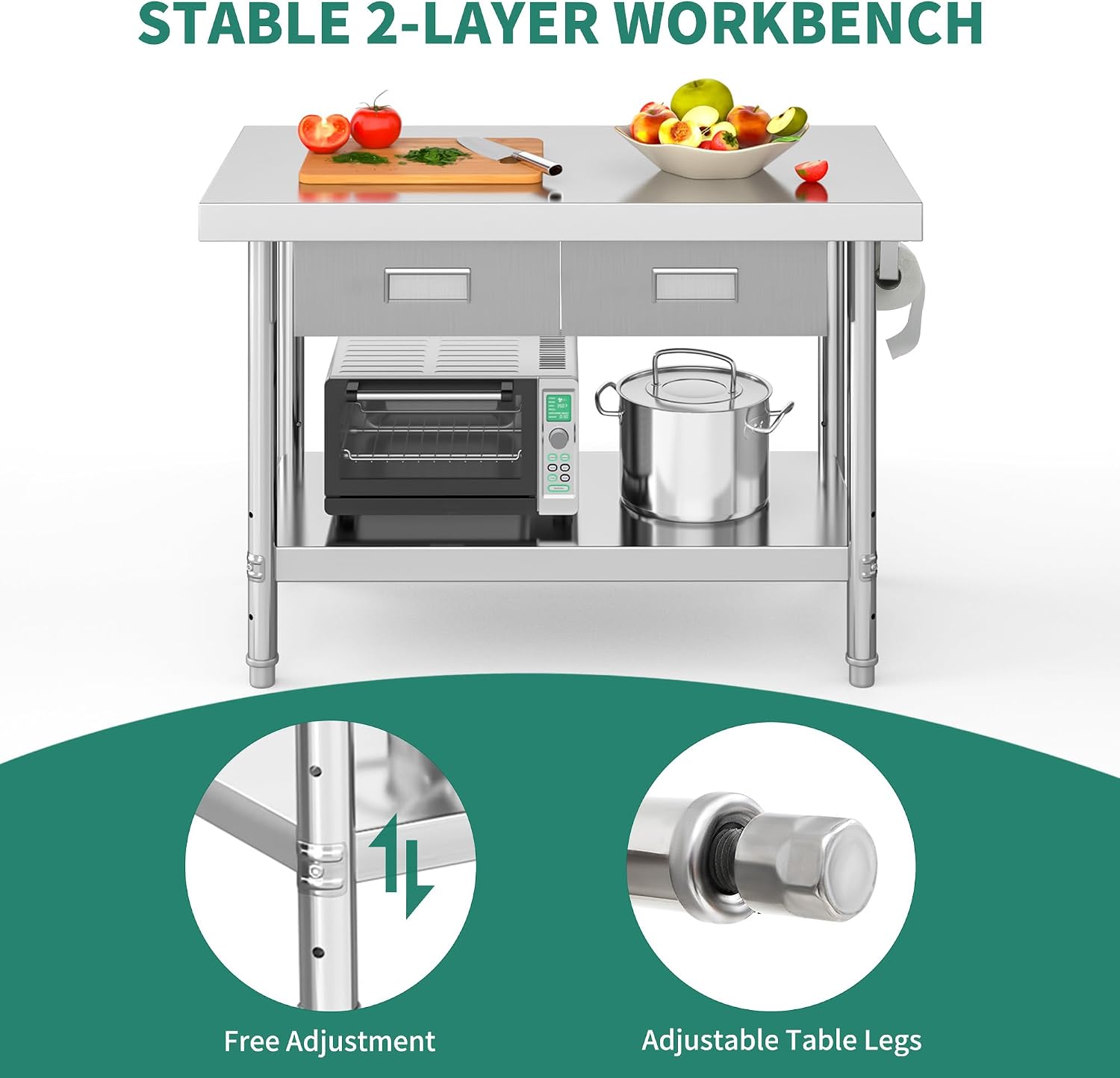 YITAHOME 48' × 24' Stainless Steel Table with 2 Drawers, NSF Work Table with Drawer, Metal Table Prep Table for Home Kitchen Restaurant Garage Warehouse
