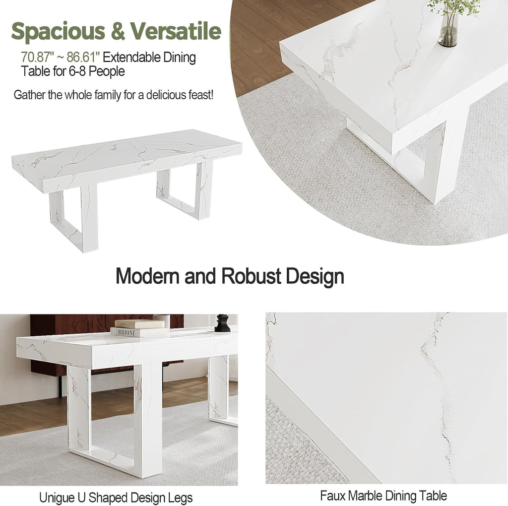 STHOUYN White Marble Extendable Dining Room Table for 8 10, 70.9' (86.6') x 31.5', Rectangle Dinner Table for 6-10, Modern Expandable Retractable Kitchen Table (White)