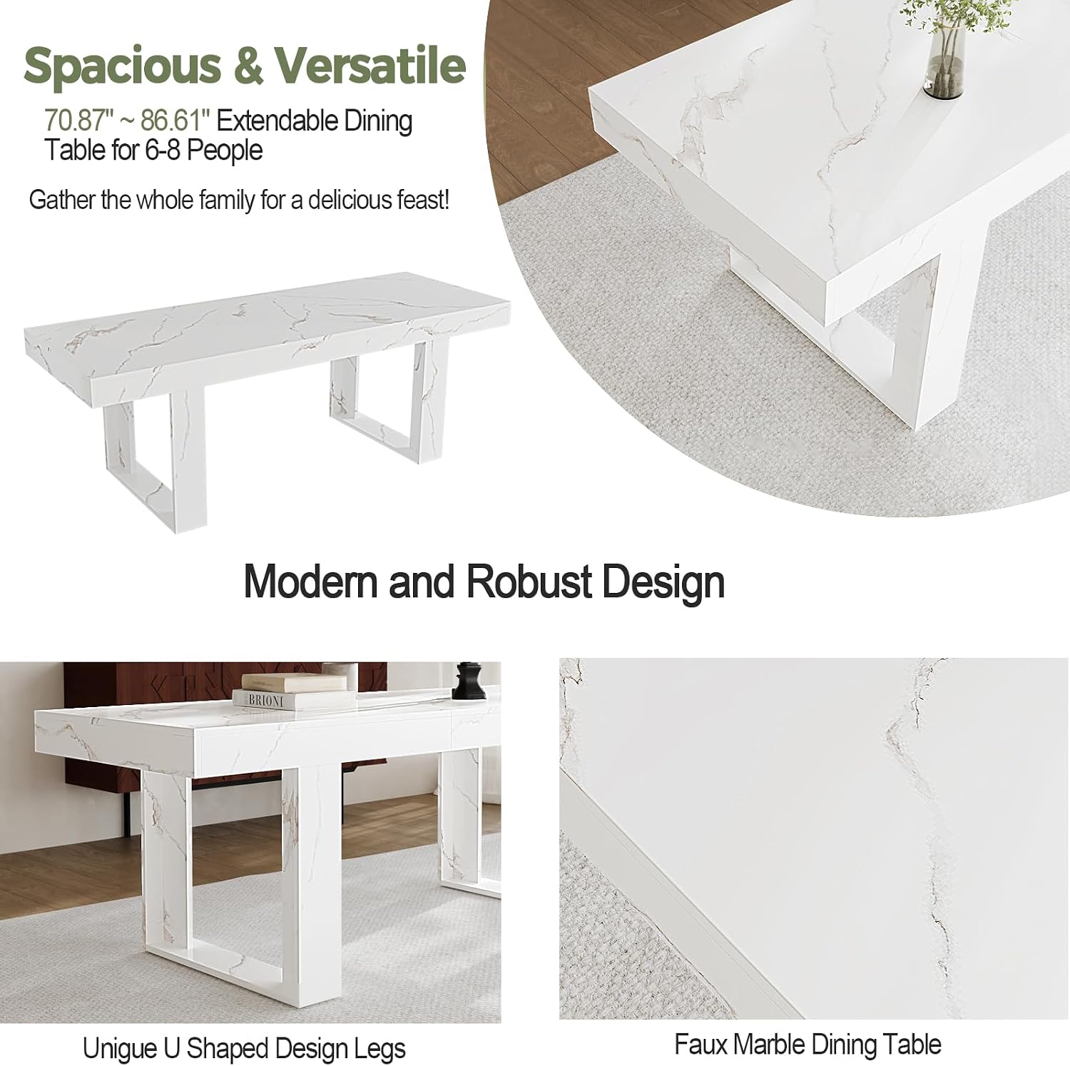 STHOUYN White Marble Extendable Dining Room Table for 8 10, 70.9' (86.6') x 31.5', Rectangle Dinner Table for 6-10, Modern Expandable Retractable Kitchen Table (White)