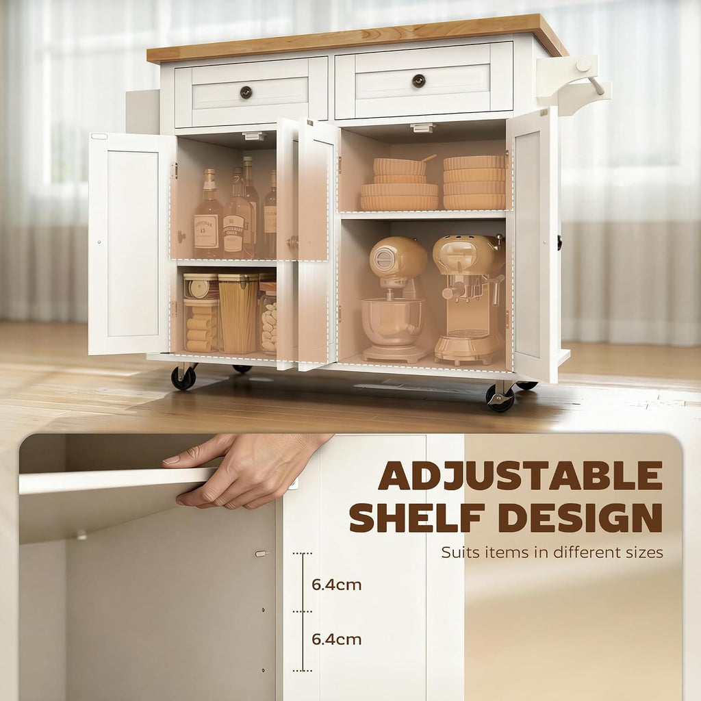 HOMCOM Kitchen Island Cart with Solid Wood Top, 44' Mobile Kitchen Island Table on Wheels with Storage Cabinets, 2 Drawers, Adjustable Shelves, Spice Rack & Towel Bar for Dining Room, White